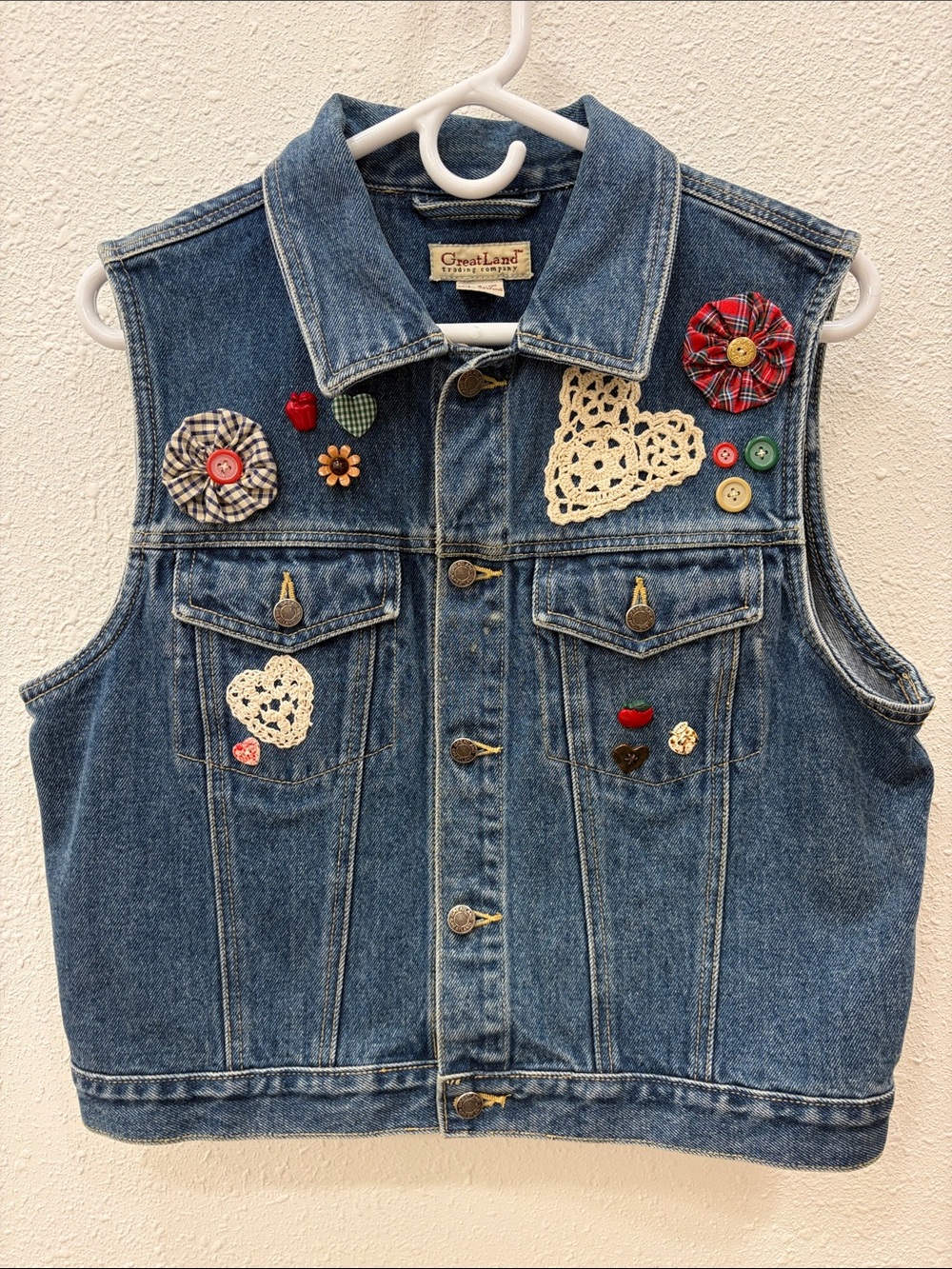 Vintage Blue Denim Vest with Crochet Hearts & Buttons